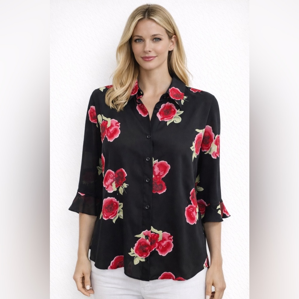 🔥🔥Jonathan Martin Black Blouse With Roses 3/4 Sleeve With Ruffle Size 12